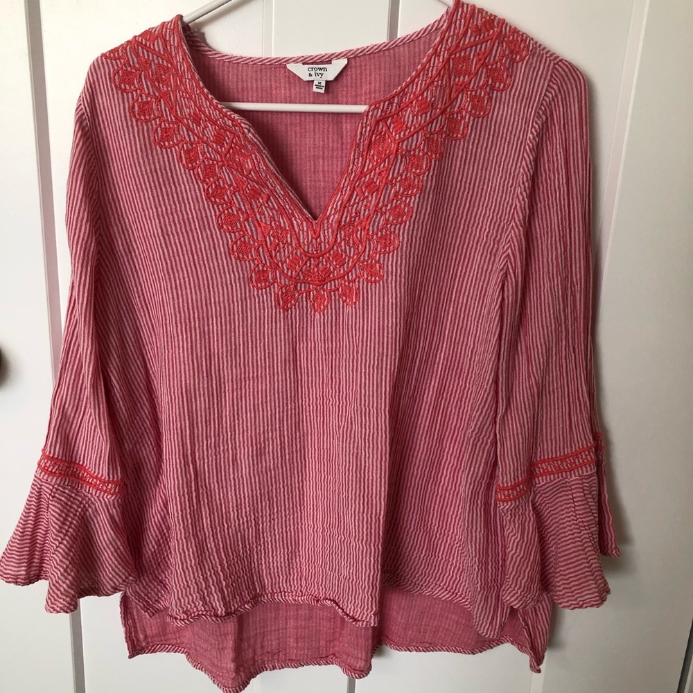 Crown & Ivy Striped Bell Sleeved Blouse